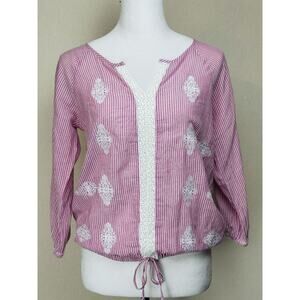 Women’s Pink White Striped Top Embroidered Lace Elastic Waist 3/4 Sleeves